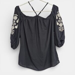 Roper Womens M Black Embroidered Off Shoulder Boho Blouse Cowgirl Western